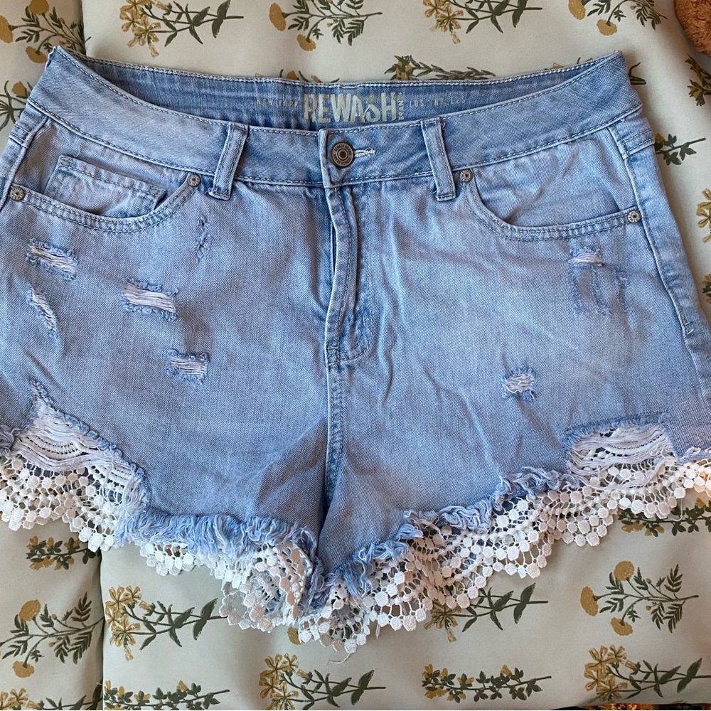 Rewash Light Blue Denim Shorts with White Crochet Trim